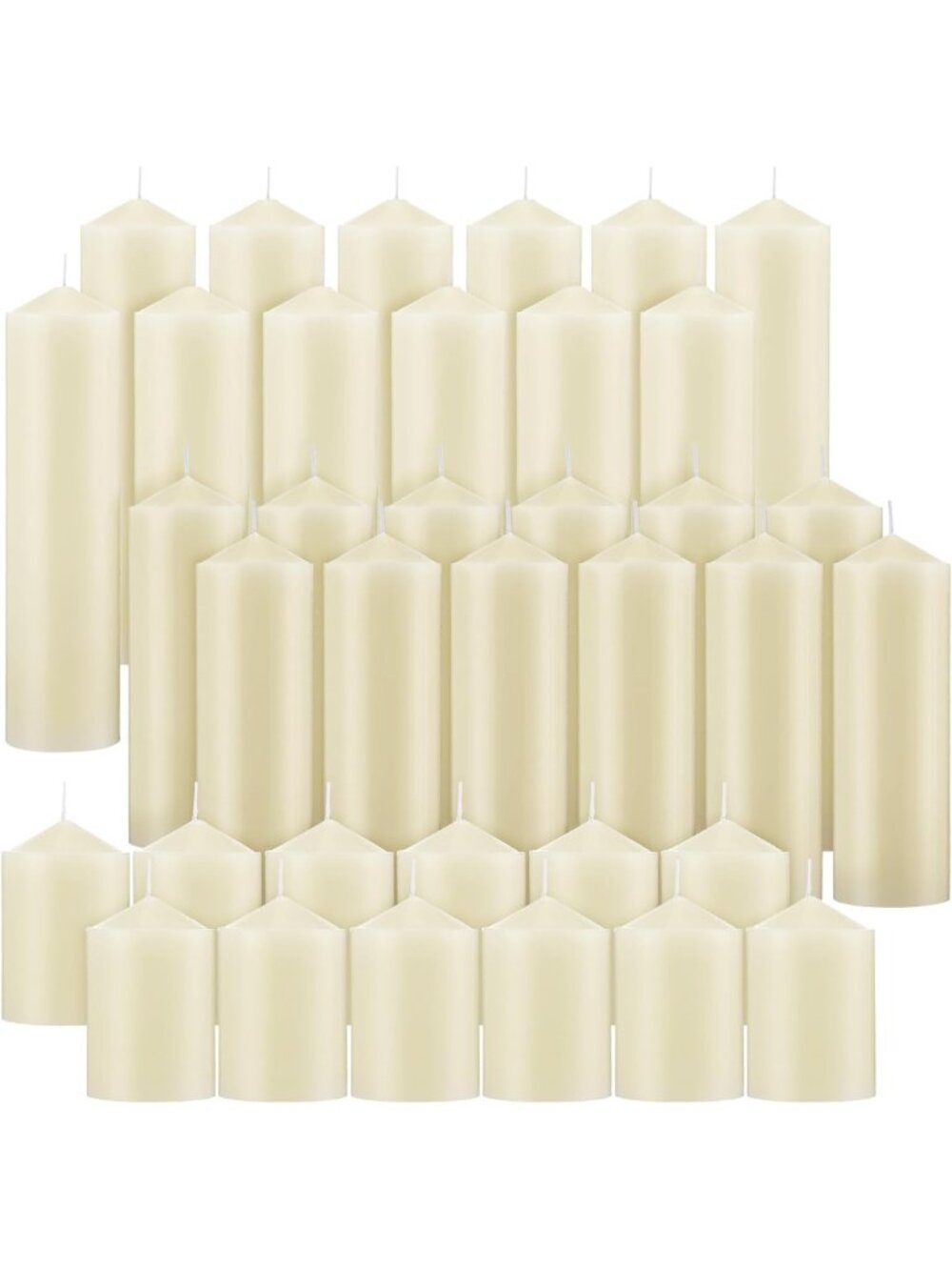 36 Pack Unscented Pillar Candles - Ivory White, 3 Sizes, Bulk Home Decor